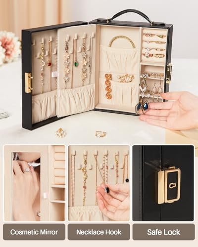 Enthralite Portable Travel Jewelry Case: Jewelry Box with Lock and Mirror | Quality PU Leather & Velvet Lined Jewelry Organizer - Large Capacity for Ring Earring Large Necklaces - Birthday Gift for Her