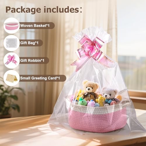 Small Woven Basket, 12" x 8" x 5" Gift Basket Empty with Ribbon and Gift Bag, Rope Basket for Baby Shower, Holiday Presents,Storage Basket with Handle for Nursery,Pet Toy Basket (White-Pink)