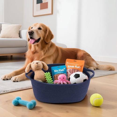 Woven Basket with Gift Bags and Ribbons, 14"X 10" X 6" Storage Basket Blue | Gift Storage Organizer Basket Bin Shelf Shelves Cotton Rope Basket for Nursery, Pet Toys