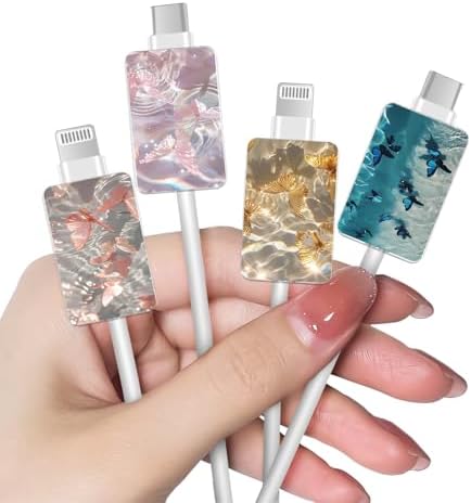 Cute Cable Protector 4PCS Set for iPhone Type-c Charger, Pink/Blue/Yellow Butterflies Pattern Phone Charger Protector for Women,Data Cable Saver,Charging Cord Protector for iPhone
