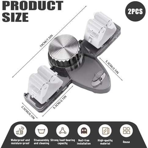 2PCS Suction Cup Broom Holder Wall Mount, No Drill Mop and Broom Organizer with Retractable Towel Rack, Transparent Bathroom Storage, Grey Holder and Mop Wall Mount Hanger Organizer Hangin
