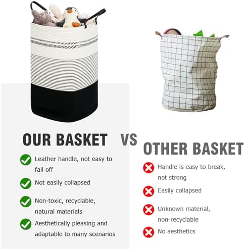 danpinera 100L Nursery Hamper, Tall Woven Laundry Basket with Long Leather Handles, Boho Laundry Hamper for Living Room & Bedroom, Eco-friendly & Convenient Decorative Storage Basket, White & Black