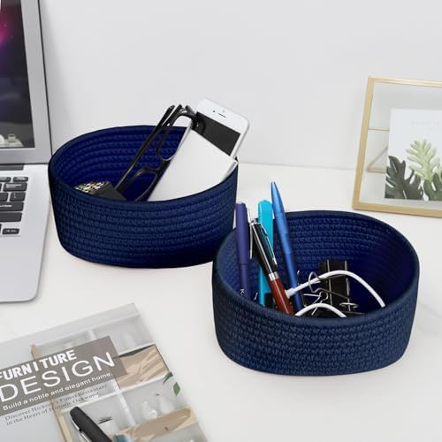 ABenkle 【2 Pack】 Small Woven Baskets, Tiny Oval Shallow Storage Baskets, Mini Cotton Rope Empty Decorative Basket, Boho Little Organizer Bins for Bathroom, Cat Dog Toy Gifts Basket