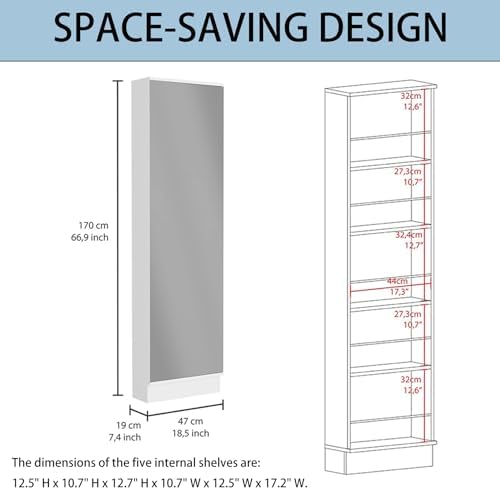 Shoe Cabinet with Mirror Modern Black Mirrored Shoe Storage Cabinet 67" Tall 5-Tier Shelves Narrow Shoe Storage Cabinet for Entryway Space Saving Furniture (Floor-Standing, White)