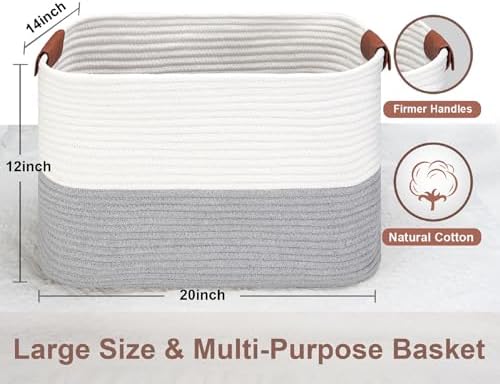 Large Cotton Rope Storage Basket with Leather Handles, Laundry Hamper Basket, 20 "L x 14" W x 12 "H, Durable & Stylish Organizer for Home.(Large Gray)