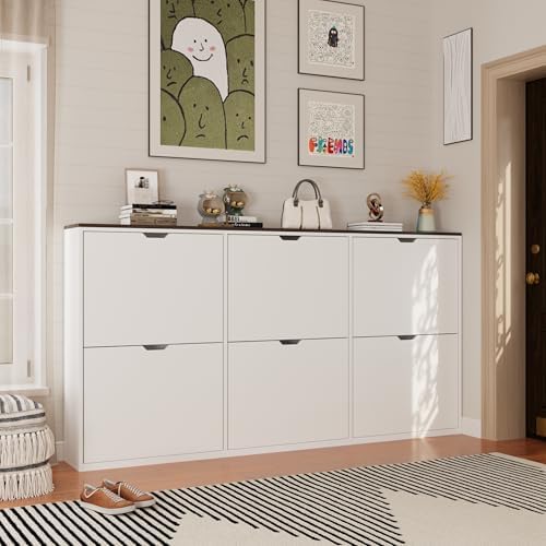 Mekminop 70.9" W Large Shoe Storage Cabinet with 6 Flip Drawers, White Shoe Organizer Cabinet for Up to 36 Pairs, Narrow Shoe Cabinet for Entryway, Hallway, Living Room