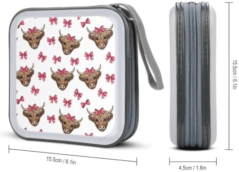 Hard Plastic DVD Storage Highland Cows CD Storage Binder Disc Wallet | 40 Capacity CD Holder Case, Scratch-Resistant, Zipper Closure for Home Office Car, Highland Cute Bow Cows
