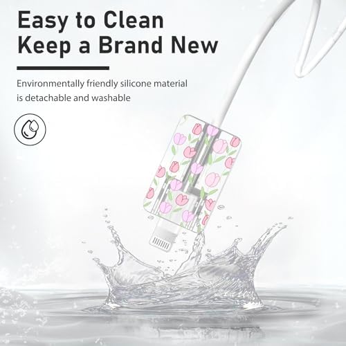 Cute DIY Cable Protector for iPhone 18W/20W Adapter Charger with Pretty Pink Tulips Design, Soft TPU Clear Cord Wire Saver Data Line Cable Case Charger Protector for iPhone 11 12 13 14 15 Pro Max