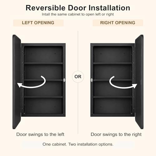 Plastic Black Medicine Cabinet 16x28 Beveled Mirror, Recessed/Surface Mount | Black Round-Corner Metal-Framed Beveled Mirror Door with Reversible Opening; Pre-Assembled for Recessed Or Surface Mounting