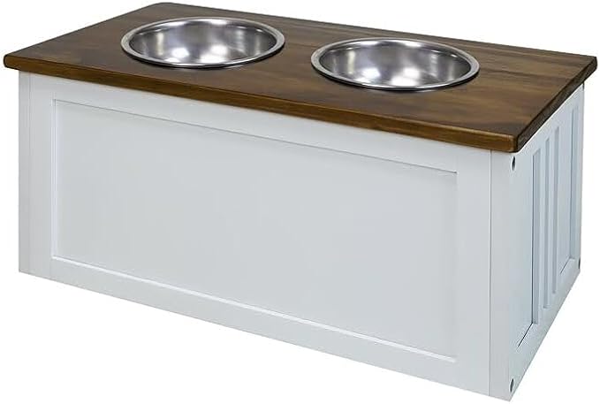 HomeStock Old World Opulence Pet Feeder Storage Stand, Warm Brown Top, Solid Wood Build, Flip-Up Lid with Hidden Storage, 11" Height, Includes 2 Removable Aluminum Bowls for Food and Water