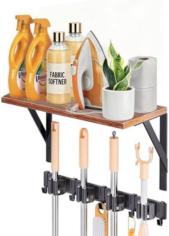 1Pack Broom Holder with Organizer Shelf 4 Broom Slots 5 Removable Hooks | Space-Saving Broom and Mop Organizer Wall Hanging , Laundry Room Shelves for Laundry Room Garage Garden Closet