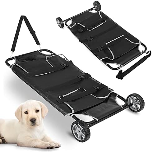 Black Animal Stretcher with Safety Belt and Wheels, Max Loading 110lbs Pet Trolley Veterinary Transport Stretcher, 45x26 Inch Pet Transport Trolley Animal Gurney Carrier for Animal Dog Cat (Foldable)