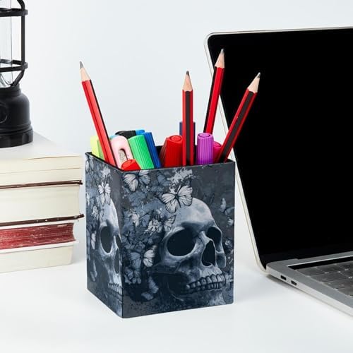 Skull and Butterfly Pen Holder for Desk Decor, Rectangular PVC Leather Pencil Cup for Desk Pen Organizer, Makeup Brush Holder for School, Home, Office