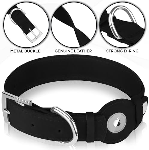Leather Dog Collar with Airtag Holder - Apple Air Tag Dog Collars - Soft Tracking GPS Pet Collar for Small Medium Large Dogs Breed Puppy (Black, S, 9"-12" Neck Fit)