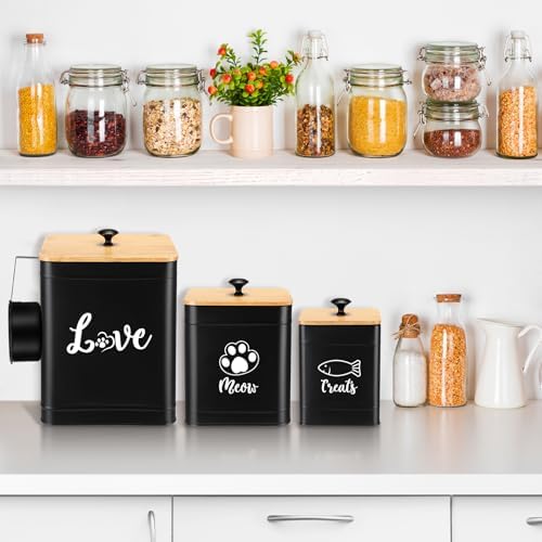 Jingmore Metal Airtight Cat Food Containers Set of 3 with Bamboo Lids and Spoon 7+3+2 Lbs Cat Treat Storage Container Countertop with DIY Labels Pet Cookie Organizer Jars for Kitchen Counter(Black)