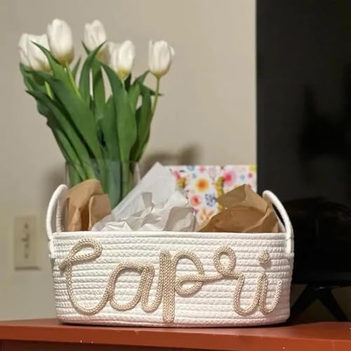 Personalized Baby Name Basket Custom Easter Cotton Rope Diaper Caddy & Nursery Storage Organizer Bin for Baby Birthday Shower Gift, Newborn Essentials, Kids' Bedroom Bathroom Decor (Style F)