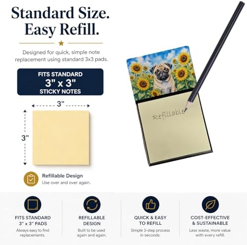 Caroline's Treasures Pug in Sunflowers Watercolor Sticky Note Holder Refillable Dispenser Desk Accessory 3x3 Pad Gift