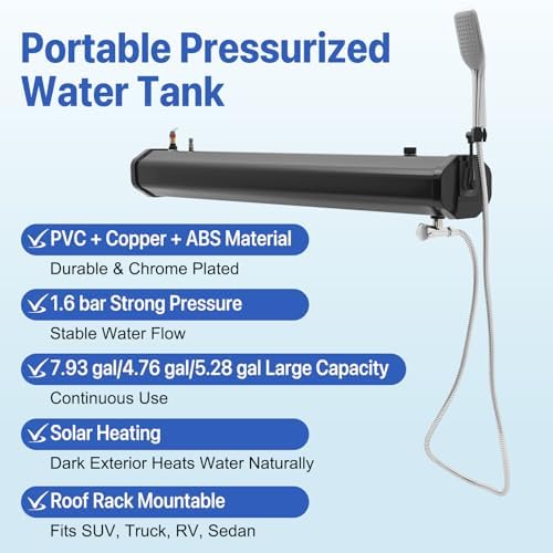 5.28 Gallon Pressurized Water Tank,Portable Car Camping Shower Water Storage Roof Rack Mounted Solar Shower or Overland Off-Road Vehicles, Pick-up Truck,Outdoor Activities Water Supply, RV, Camping
