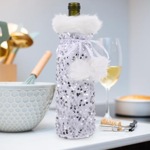 YSNOOWE Christmas Wine Bottle Cover Silver Plush Pouch for Wine Bottle Decoration and Wrapping Holiday Table Accessory with Soft Pet Material