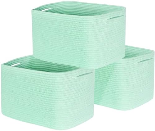 MINTWOOD Design 3-Pack Decorative Woven Storage Baskets for Shelves, Cube Bin Box for Organizing Books, Shoes, Dog Toys, Pantry Closet and Living Room Organizer, Mint