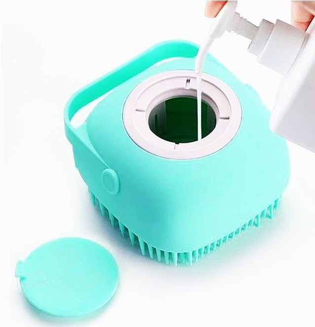 Dog Bath Brush with Shampoo Dispenser – Silicone Pet Grooming Scrubber for Dogs & Cats, Deep Clean + Massage, Easy-Grip Rubber Handle – Pet Shower Tool for Long & Short Hair