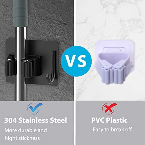 homeasy Broom Holder Wall Mount 6Pcs, Self Adhesive Mop Broom Hanger Black | Self adhesive stainless steel broom organizer with 4 hooks, holds mops, brooms and garden tools without drilling