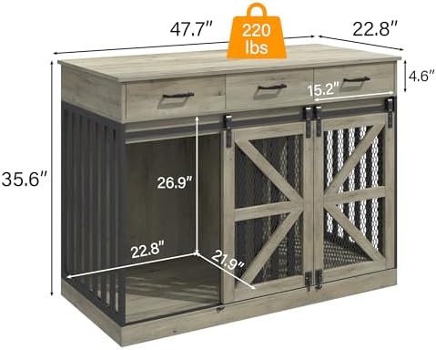 kepptory 48 Inch Large Dog Crate Furniture with 3 Storage Drawers, Wooden Pet Kennel with Removable Divider, Dog Kennel End Table TV Stand, Farmhouse Style Dog Crates with Sliding Barn Door(Grey)