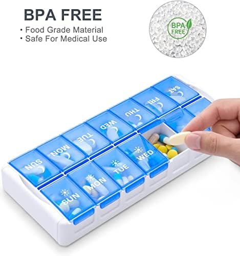TookMag Weekly Pill Organizer 2 Times a Day, Easy Fill AM PM Pill Box, Large Capacity Quick-Refill 7 Day Pill Cases for Pills/Vitamin/Fish Oil/Supplements (Patent Registered) (Blue)