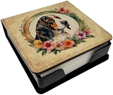 Caroline's Treasures Basset Hound and Flowers PU Leather Note Paper Holder with Artist-Designed Cover, Desk Accessory, Office Gift