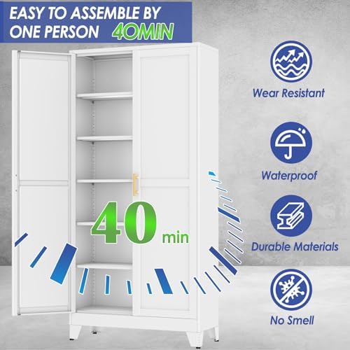 75" Metal Garage Storage Cabinet with 2 Doors and 5 Adjustable Shelves,Metal Storage Cabinets,Steel Tool Cabinets for Home,Office,Garage,Warehouse (White, 75''H x 36''W x 18''D)