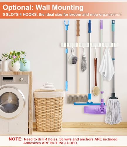 Broom Holder Over The Door with 4 Over Door Hook, Drilling Free Mop - White | Save Space, Metal Mop and Broom Storage Wall Mount Broom Storage Tool Organizer for Laundry Room Garage Kitchen Bathroom