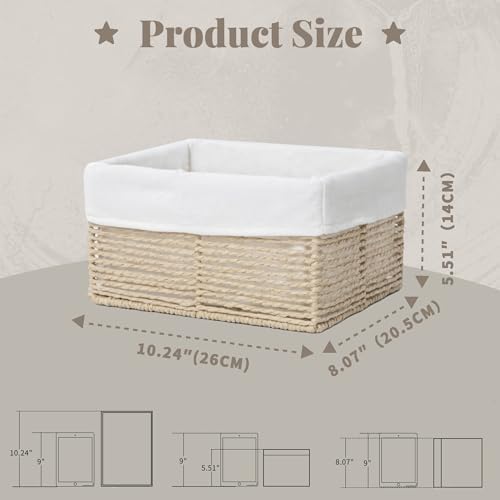 GYASVWU Hand-Woven Paper Rope Storage Baskets,Rectangular Wicker Baskets for Organizing,Decorative Woven Basket for Storage,Shelf Basket for Living Room,Storage Baskets for Pantry (Beige - Small)