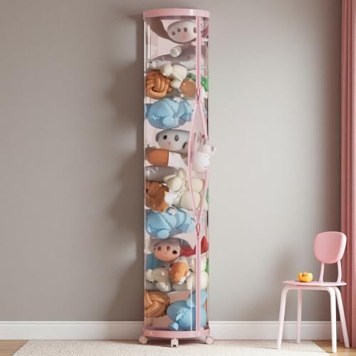 Upgraded Stuffed Animal Storage Tube, 59" Tall (150cm) Plush Organizer with 4 Wheels, PET Clear Bucket & Double Zipper, Space-Saving Toy Storage for Kids Room, Tidy Zoo Bin for Stuffed Animals (Pink)