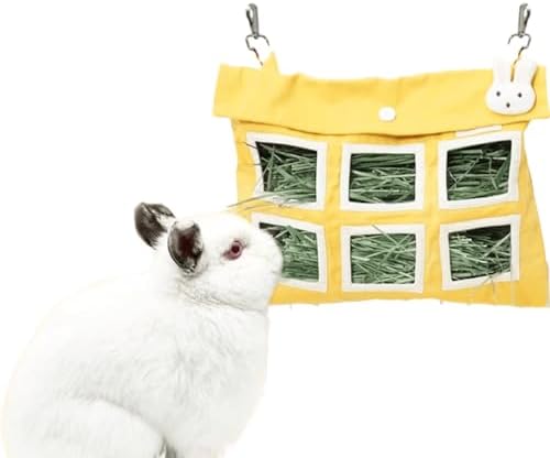 Rabbit Hay Feeder Bag with Cute Pendant, Storage Guinea Pig Feeder Rack Bag, Large Capacity Cotton Canvas Hanging Bag for Bunnies Chinchillas Guinea Pigs (Yellow,L)