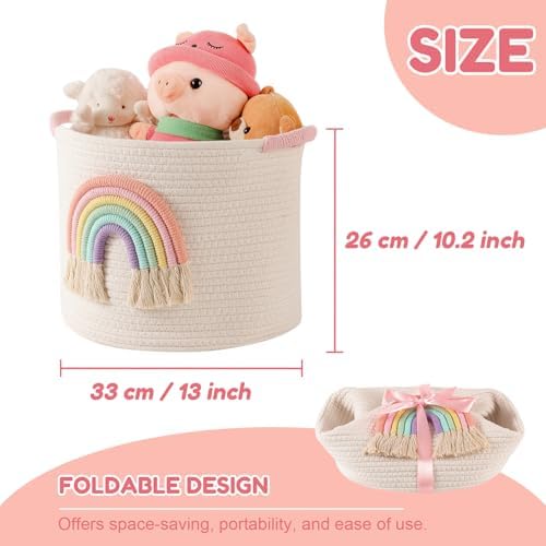 Toy Storage Baskets Woven Cotton Rope Storage Basket with Rainbow Decor for Kids, Blanket Baskets for Living Room Toys Organizer Rainbow Baby Gifts Basket with Handle for Girls Nursery Playroom