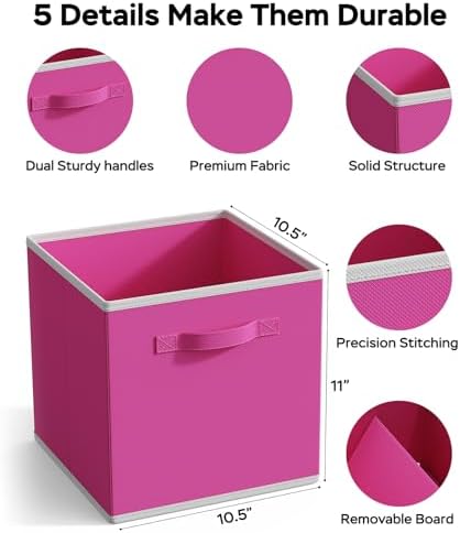MAX Houser 6 Pack Foldable Fabric Storage Bins with Dual Handles, Pink | 6 pack cloth storage bins with dual carry handles, Foldable Storage Cubes Organizer Baskets, ideal for home bedroom closet