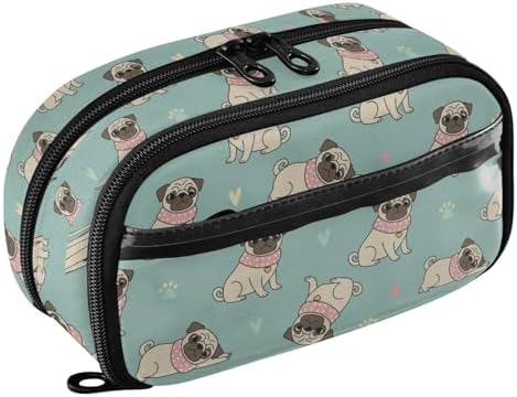 Cute Pets Pug Teal print Large Capacity Pencil Case with Zipper Water Resistant Portable Organizer Pen Bag for School Office Students