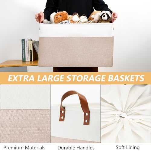 DULLEMELO 70L Extra Large Storage Bin, 22" x 15" x 13" Oversized Storage Basket, Collapsible Storage Box, Fabric Clothes Toys Blanket Basket for Shelves, Laundry, Nursery (White&Khaki)
