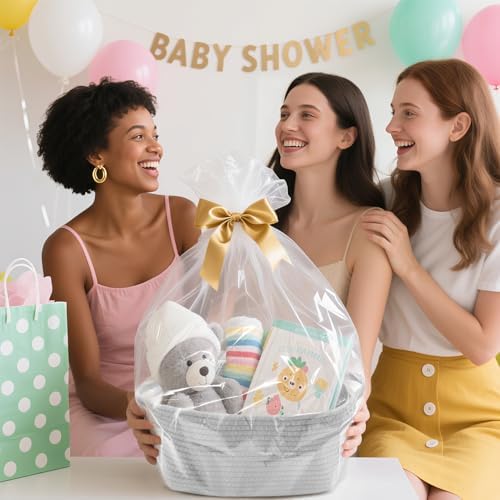 Woven Basket with Gift Bags and Ribbons, 14"X 10" X 6" Storage Basket Grey | Gift Storage Organizer Basket Bin Shelf Shelves Cotton Rope Basket for Nursery, Pet Toys