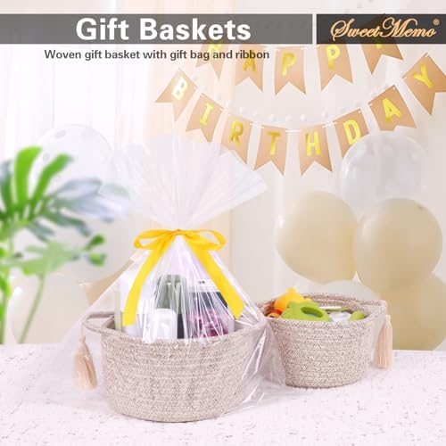 Small Gift Basket Empty to Fill, Gift Bag & Ribbon, Natural Beige | Cute Decorative Mini Woven Rope Basket with Handles for Gifting; Reusable for Bathroom Counter or Desk Catchall, 8 x 4.7 in