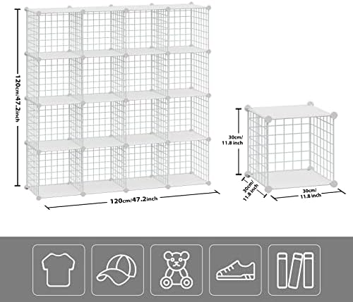 HUBSON Wire Cube Storage Organizer, Book/Toy/Craft/Potted Plants and Pet Closet Organizers, 16-Cube Freely Combinable Metal Grid Storage Shelves, White Plus Iron