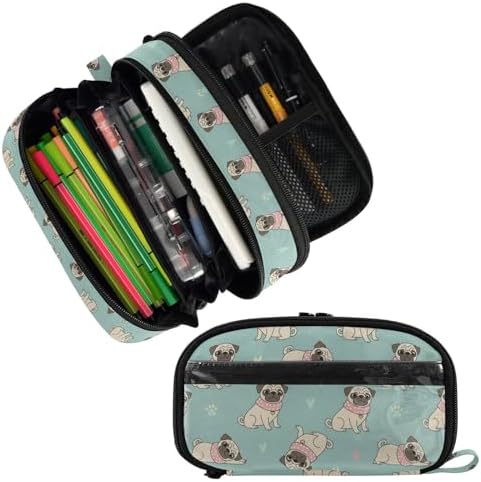 Cute Pets Pug Teal print Large Capacity Pencil Case with Zipper Water Resistant Portable Organizer Pen Bag for School Office Students