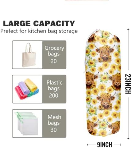 Highland Cattle Cow Plastic Bag Holder, Grocery Bag Holder for Kitchen | Plastic Bag Storage Organizer, Plastic Bag Holders for Grocery Bags Sunflower Home Kitchen Decor Gifts for Women Mom Grandma