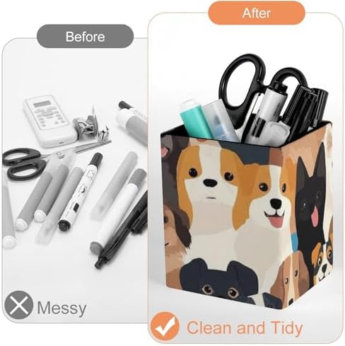 Modern Leather Desk Organizer Pen Cup Pencil Holder Cute Puppy Dog Makeup Brush Storage