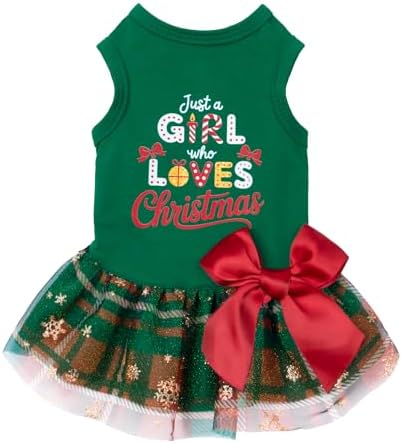 Fitwarm Just a Girl Who Loves Christmas Dog Tulle Dress, Funny Christmas Clothes for Small Dogs Girl, Holiday Pet Outfit, Red, White, Green, Yellow, XXS