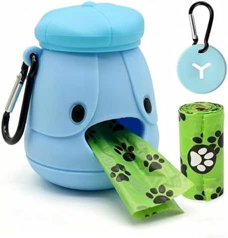 Dog Poop Bag Holder with Hands-Free Used Bag Clip & 1 Roll Bags | Cute silicone design with leash attachment and hands-free clip, making dog walking cleaner and more convenient outdoors
