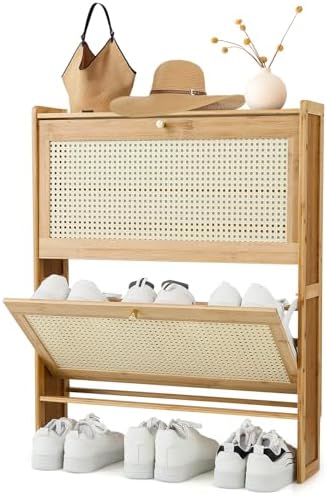 Magshion Narrow Shoe Cabinet for Entryway Slim Thin Bamboo Freestanding Shoe Storage with Flip Drawers for Hallway, Living Room (Natural, 34" x 27" x 7")