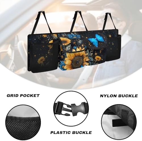Sunflower Butterfly Car Trunk Organizer, Hanging Car Back Seat Storage Bag with 4 Pockets, Universal Automotive Interior Accessories, Keep Your Trunk Tidy