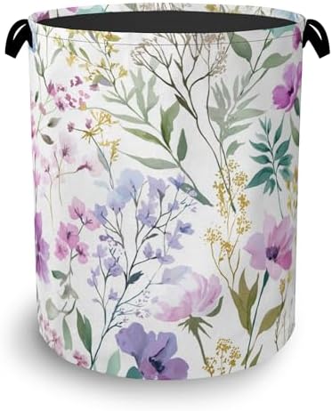 Wildflower Plant Laundry Basket,Botanical Oxford Cloth Laundry Hamper with Handle Foldable Portable Clothes Storage Basket for Bathroom Bedroom Dorm Room 16" x 20.8"