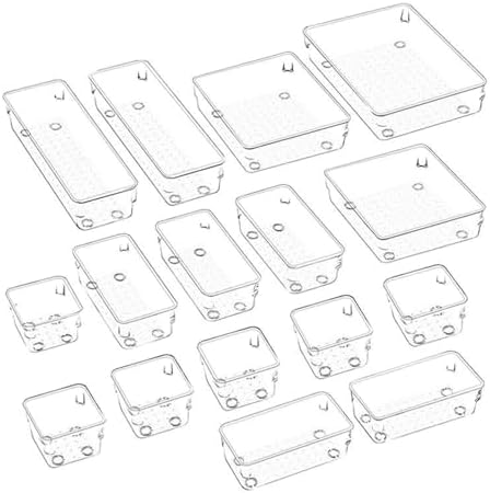 16Pcs Clear Drawer Organiser Tray Bathroom and Vanity Organiser Trays Drawer Storage Bin for Kitchen Utensils Jewelries